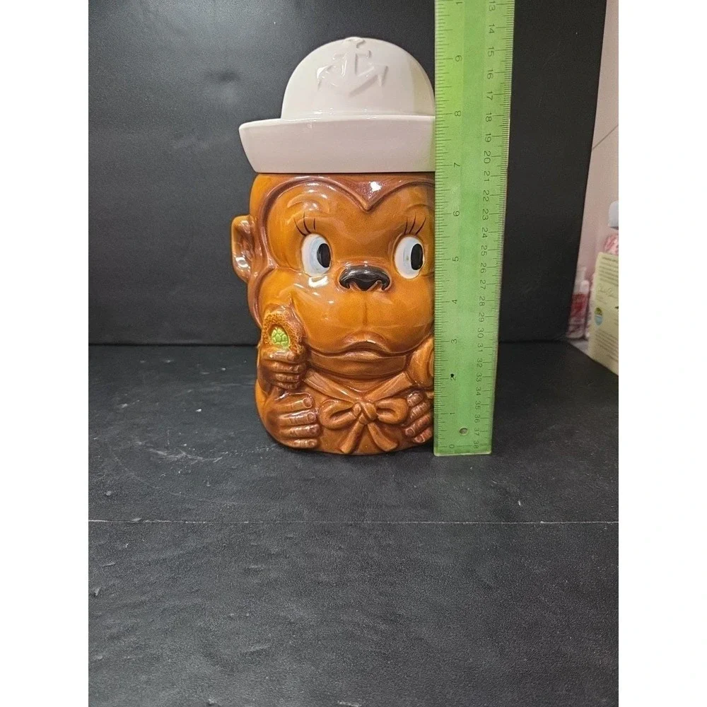 Monkey‎ Sailor Cookie Jar, Brown Ceramic Canister, White Hat Lid, Kitchen Decor